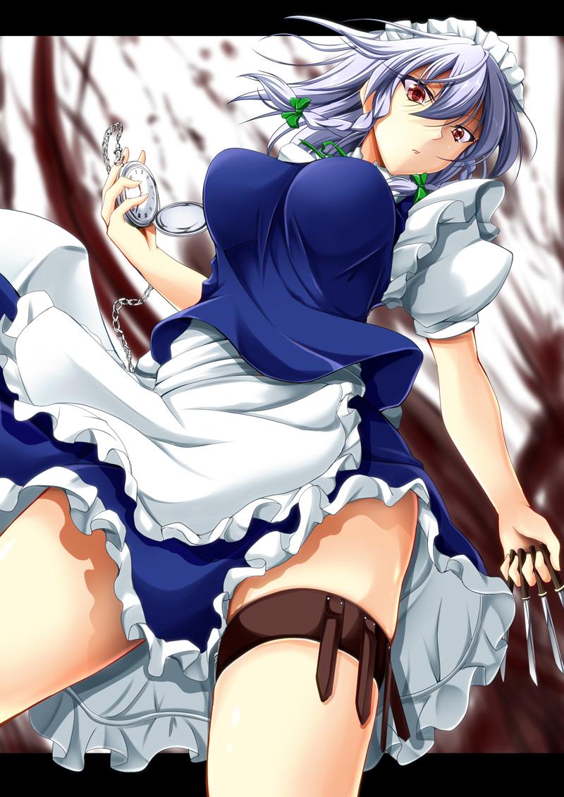apron, between_fingers, braid, breasts, campbell_(pixiv), chain, chains, hair_ribbon