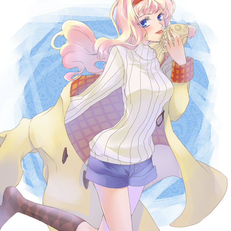 :p, blonde_hair, blue_eyes, coat, cosplay, food, headband, kanon