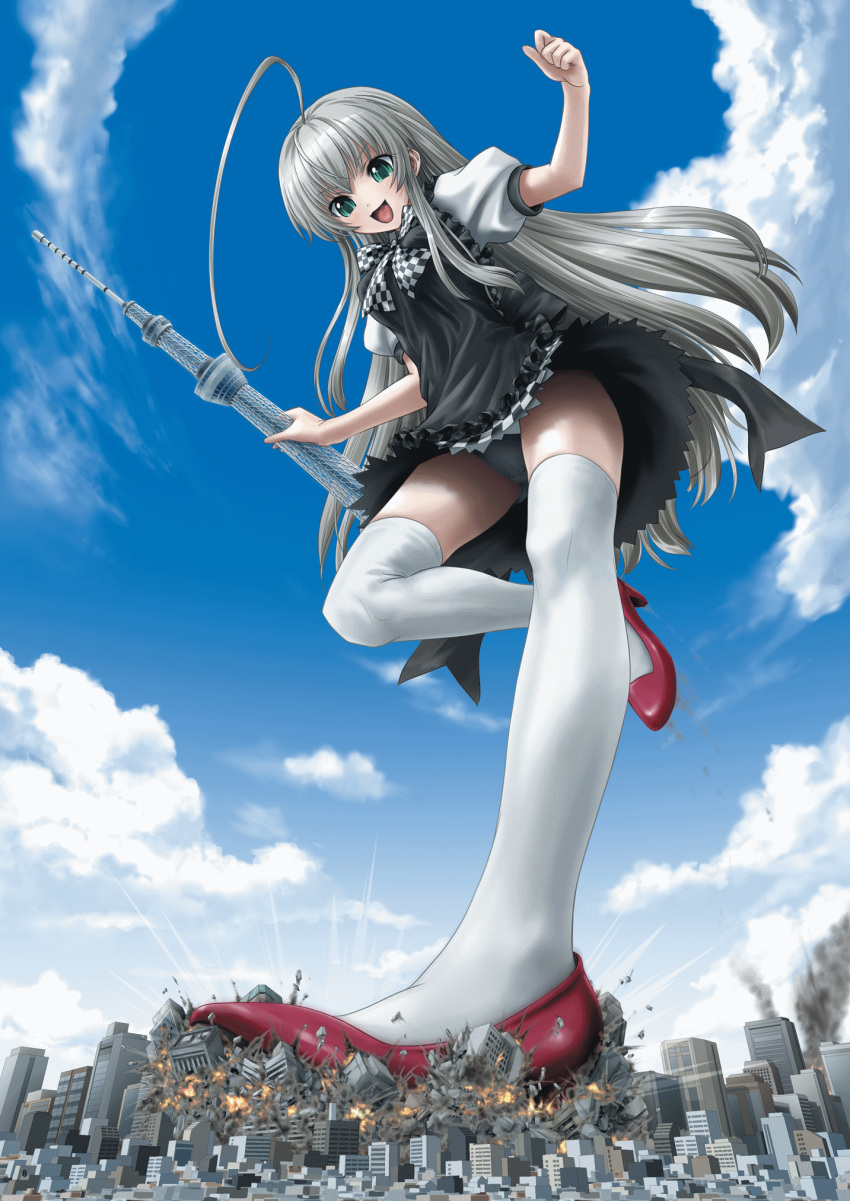 ahoge, building, city, cloud, clouds, destruction, eichikei_(hakuto), giantess