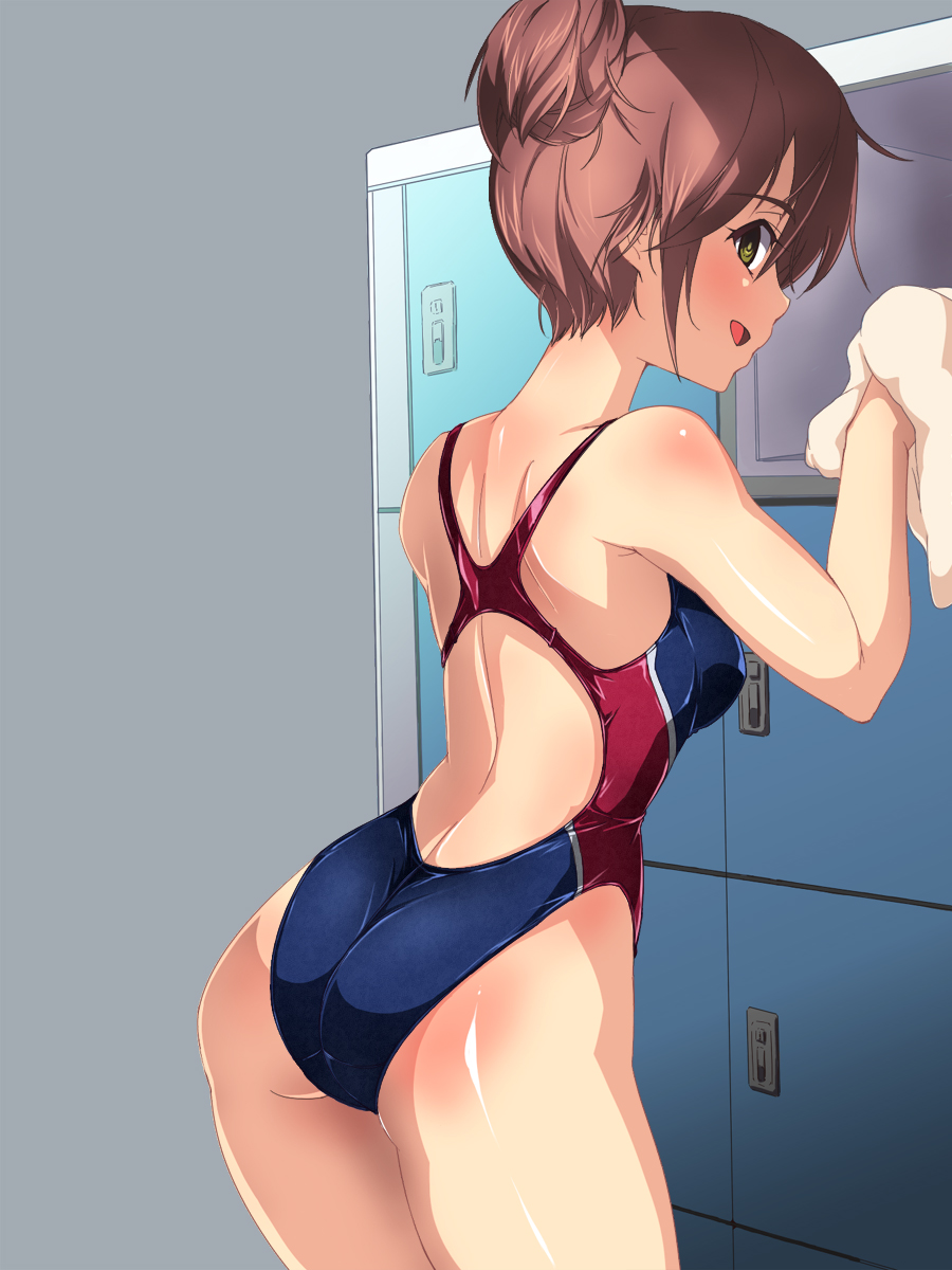 azu_(azzz), brown_hair, competition_swimsuit, hair_bun, highres, lockers, looking_back, one-piece_swimsuit