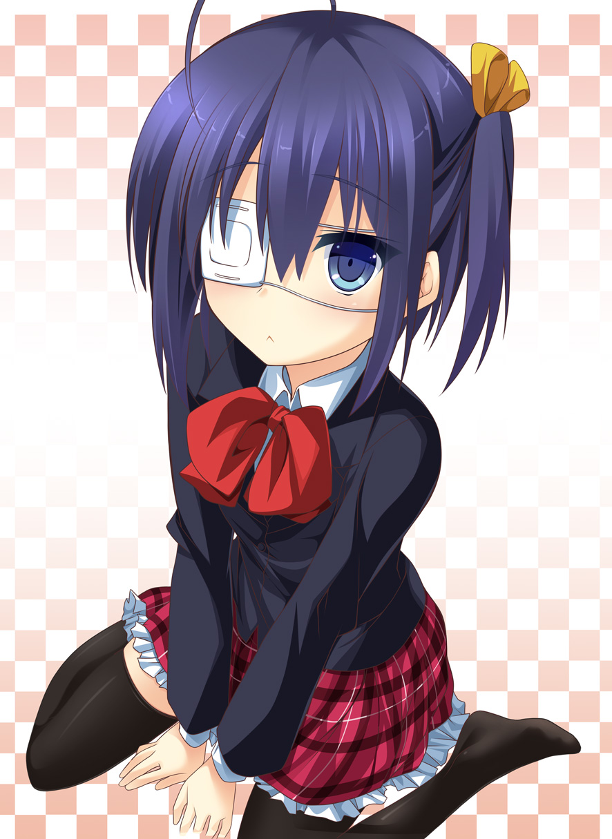 :<, ahoge, black_hair, blue_eyes, blush, chuunibyou_demo_koi_ga_shitai!, eyepatch, highres