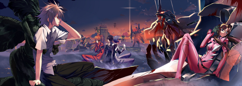 3girls, ayanami_rei, black_hair, blood, blue_eyes, blue_hair, brown_hair, building