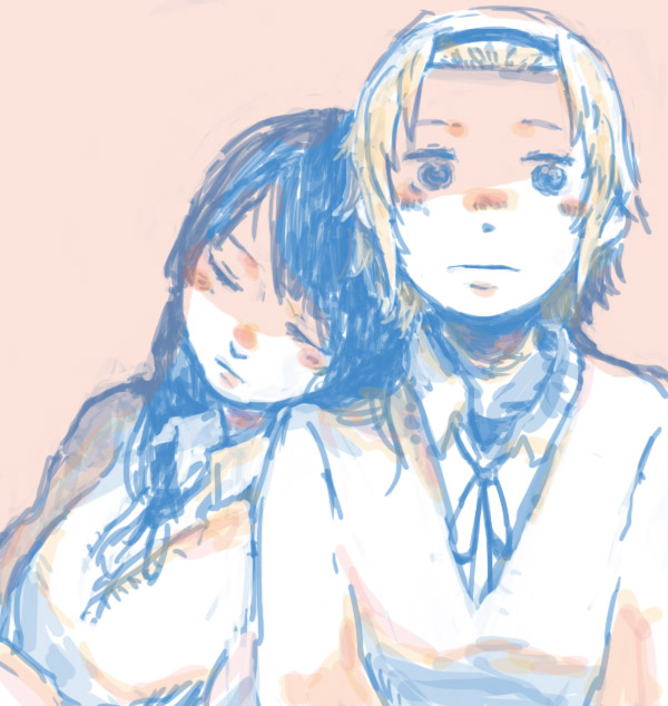 akiyama_mio, alternate_hairstyle, black_eyes, black_hair, blush, brown_eyes, brown_hair, closed_eyes, face, hime_cut, k-on!, long_hair, monochrome, multiple_girls, sagami_(aikodesyo), school_uniform, short_hair, smile, tainaka_ritsu, uniform, very_long_hair, yuri