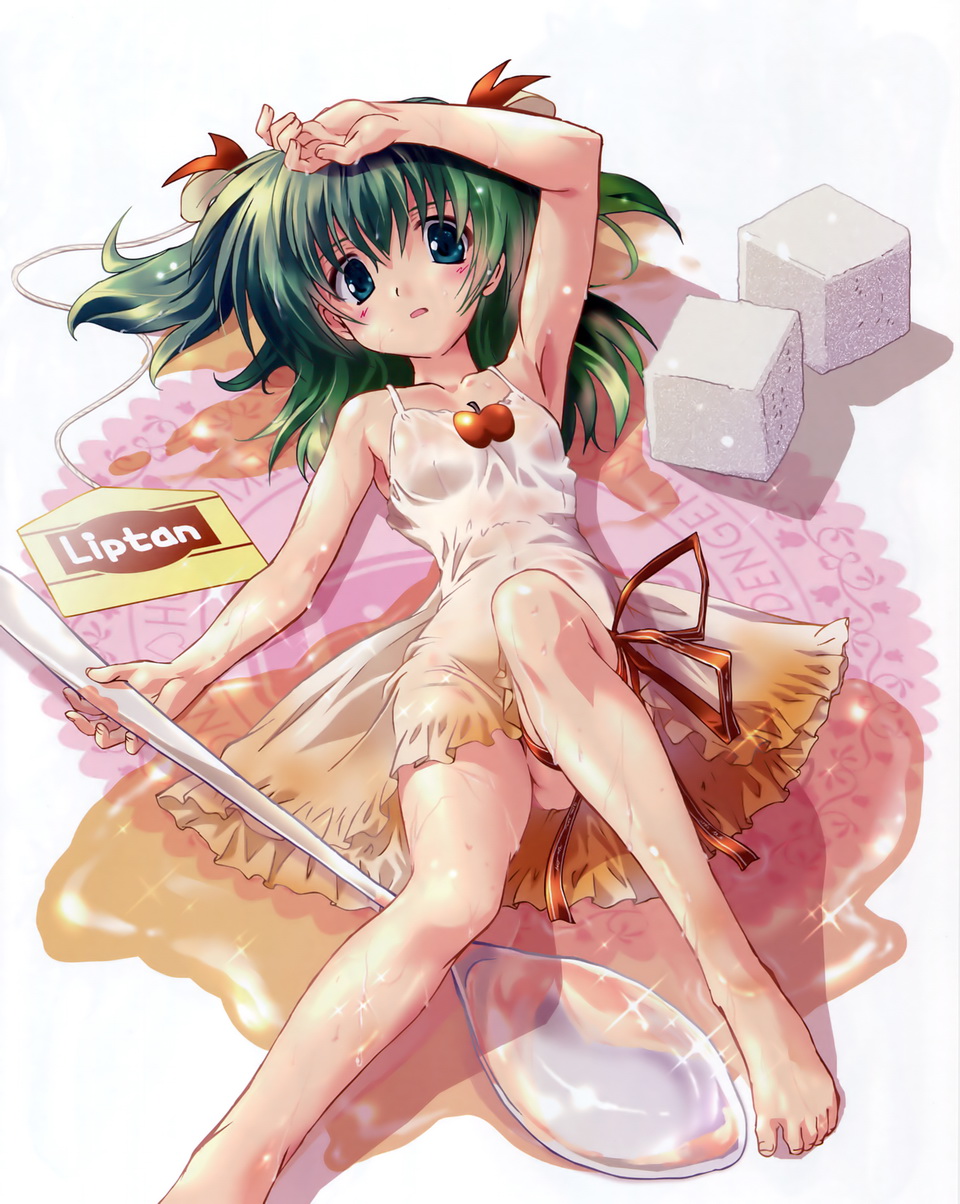 :d, arm_up, barefoot, blue_eyes, blush, dress, feet, food_themed_clothes