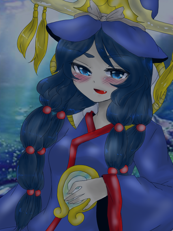 blue_eyes, hat, long_hair, marine_benefit, open_mouth, solo, touhou, yaobi_mikoto