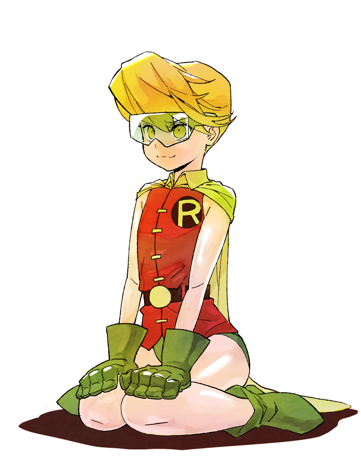 1girl, cape, carrie_kelley, carrie_kelly, dc_comics, female, glasses, gloves, kingtime, kneeling, robin_(dc), short_hair, smile, solo