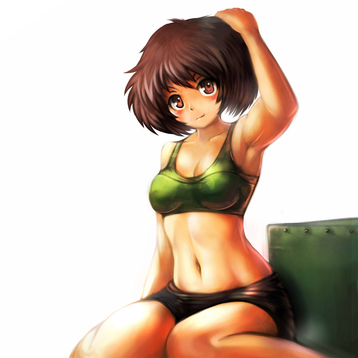 akiyama_yukari, arm_up, bike_shorts, blush, bra, brown_eyes, brown_hair, girls_und_panzer