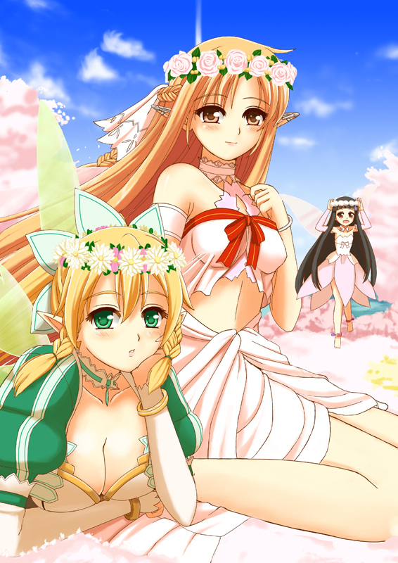anklet, asuna_(sao), asuna_(sao-alo), barefoot, black_hair, blonde_hair, bow, bracelet, braid, breasts, brown_eyes, brown_hair, cleavage, cloud, clouds, dress, ear_covers, elf, fairy_wings, flower, green_eyes, head_wreath, jewelry, leafa, long_hair, long_sleeves, lying, minigirl, multiple_girls, on_stomach, ookawa_wataru, pointy_ears, ponytail, puffy_sleeves, ribbon, sitting, sky, smile, sword_art_online, titania_(sao), tree, twin_braids, wariza, wings, yui_(sao), yui_(sao-alo)