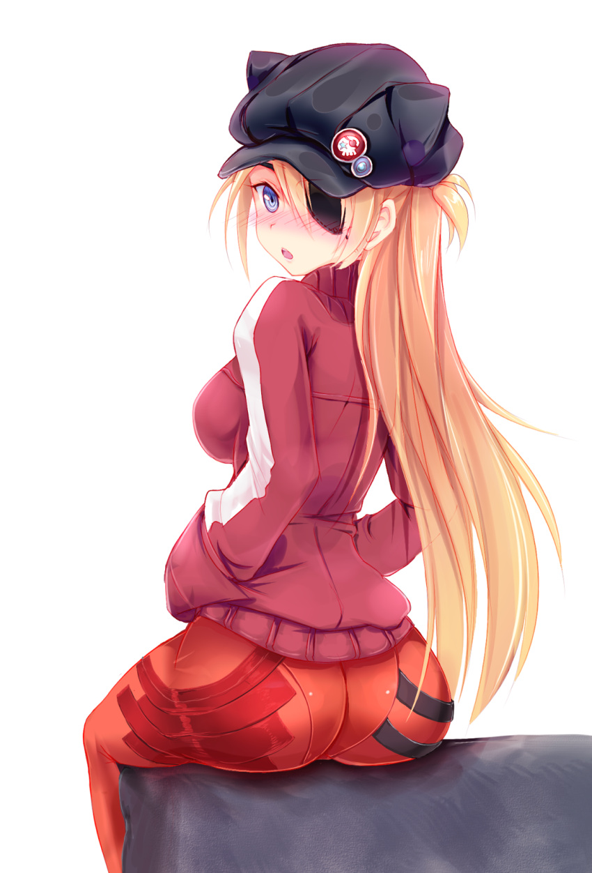 :o, ass, blue_eyes, blush, brown_hair, evangelion:_3.0_you_can_(not)_redo, eyepatch, from_behind