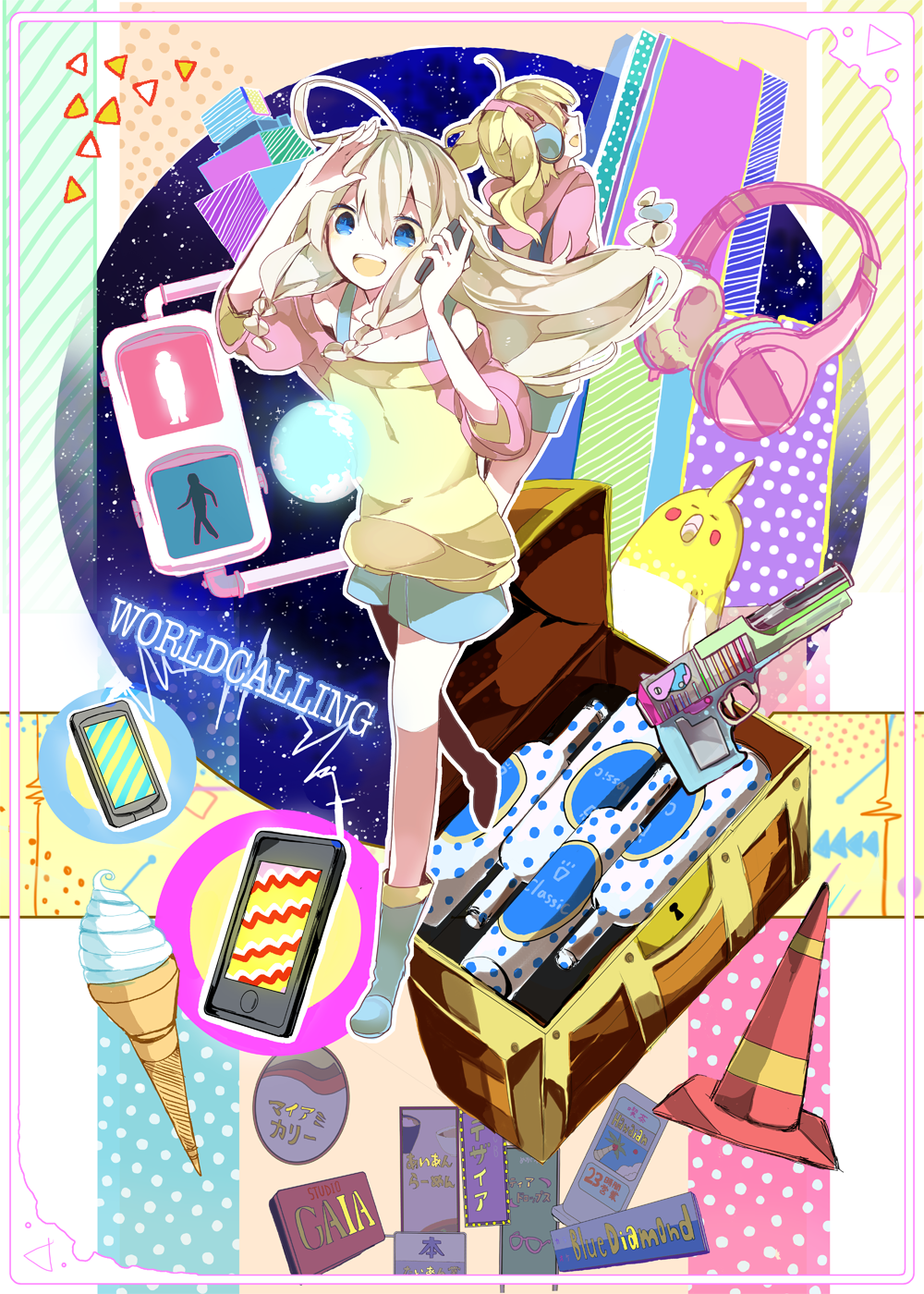 ahoge, blonde_hair, blue_eyes, braid, casual, cellphone, food, headphones, highres, ia_(vocaloid), ice_cream, long_hair, multiple_girls, open_mouth, phone, satsuan0120, space, twin_braids, vocaloid, water_gun, world_calling_(vocaloid)