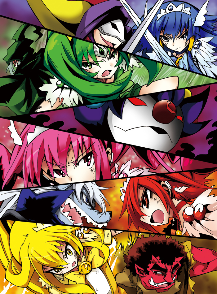 6+girls, afro, akaooni, aoki_reika, blonde_hair, blue_eyes, blue_hair, bowtie, brooch, brown_hair, cure_beauty, cure_happy, cure_march, cure_peace, cure_sunny, earrings, green_eyes, green_hair, hair_tubes, head_wings, hino_akane, hood, horns, hoshizora_miyuki, jewelry, joker_(smile_precure!), kise_yayoi, long_hair, magical_girl, majorina, mask, midorikawa_nao, multiple_boys, multiple_girls, o5o3, open_mouth, orange_eyes, orange_hair, payot, pierrot_(smile_precure!), pink_eyes, pink_hair, precure, red_skin, serious, sharp_teeth, smile_precure!, sword, tiara, weapon, werewolf, white_hair, wolfrun, yellow_eyes