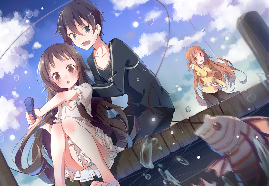 2girls, :o, asuna_(sao), barefoot, black_eyes, black_hair, brown_hair, dress