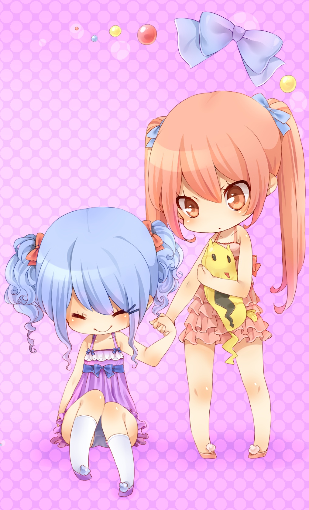 aihara_kaori, blue_hair, chibi, frilled_skirt, hand_holding, highres, holding_hands, momobako
