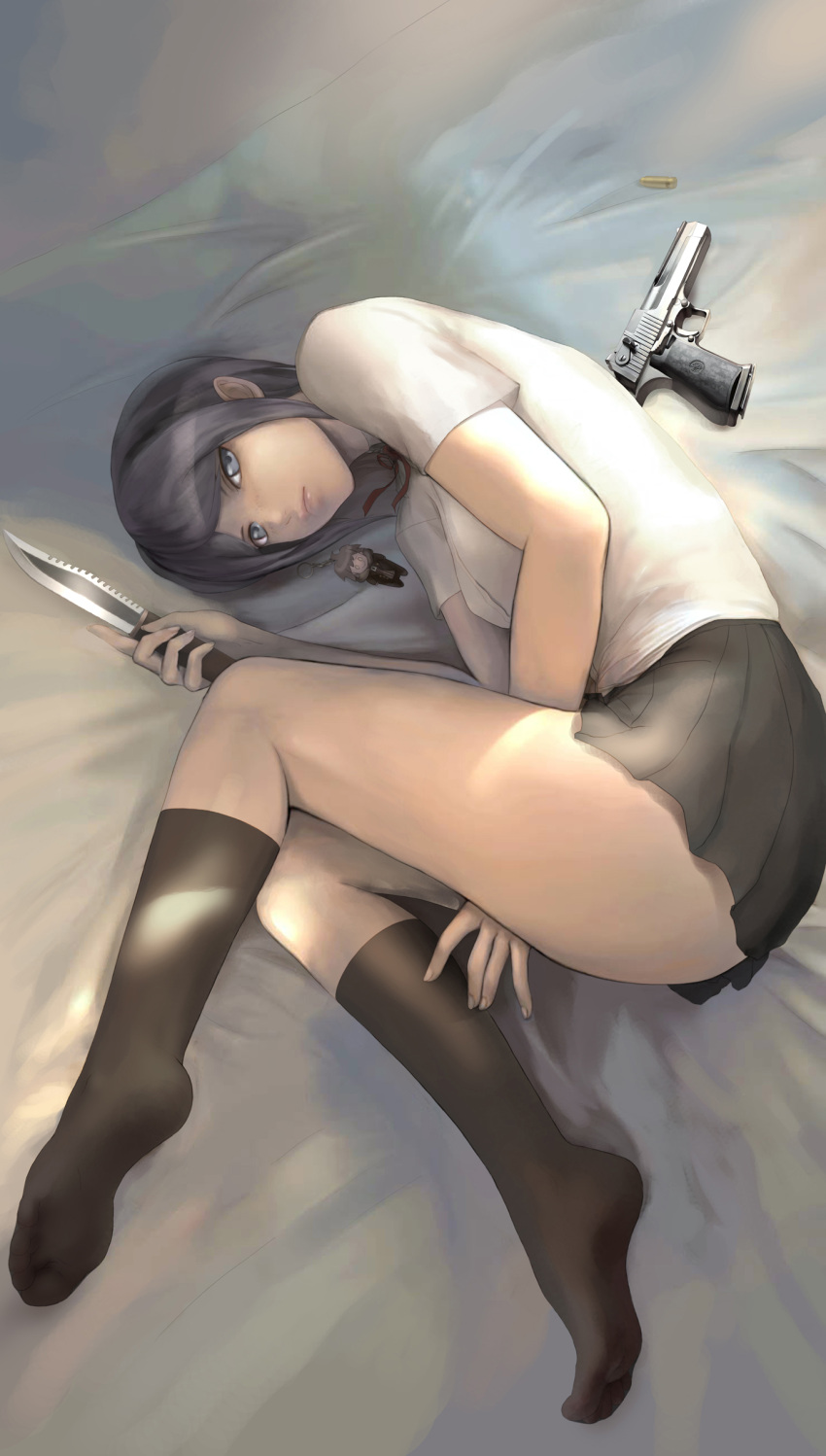 absurdres, bed, blue_eyes, bullet, dangan_ronpa, desert_eagle, gun, handgun
