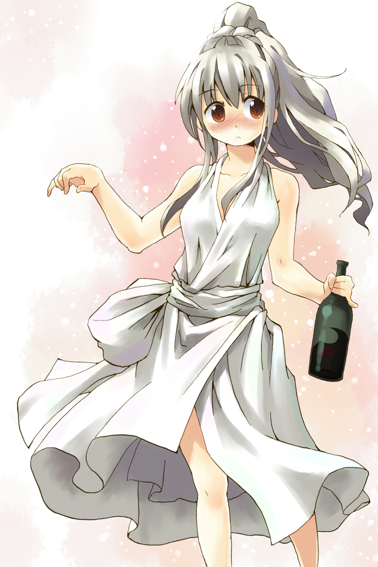 blush, bottle, dress, drunk, grey_hair, long_hair, original, ponytail