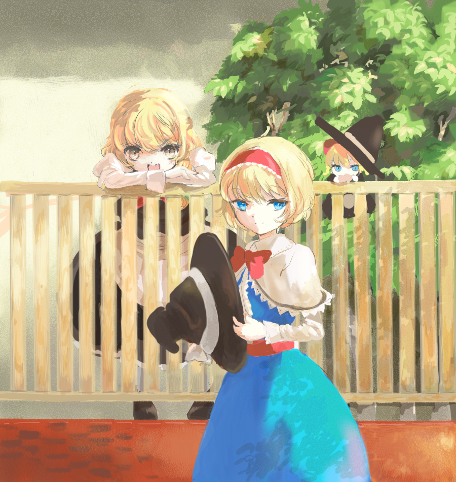 alice_margatroid, apron, blonde_hair, blue_eyes, blush, bow, braid, capelet