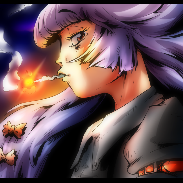 cigarette, degedege, fujiwara_no_mokou, letterboxed, profile, side, side_glance, solo