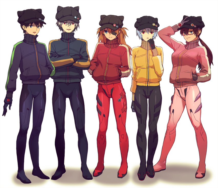 3girls, animal_hat, ayanami_rei, blue_hair, brown_hair, cat_hat, evangelion:_3.0_you_can_(not)_redo, eyepatch, glasses, hand_in_pocket, hands_in_pockets, hat, highres, ikari_shinji, long_hair, makinami_mari_illustrious, multiple_boys, multiple_girls, nagisa_kaworu, neon_genesis_evangelion, orange_hair, plugsuit, rebuild_of_evangelion, red_eyes, shikinami_asuka_langley, short_hair, sinkobo, smile, soryu_asuka_langley, souryuu_asuka_langley, track_jacket, white_hair