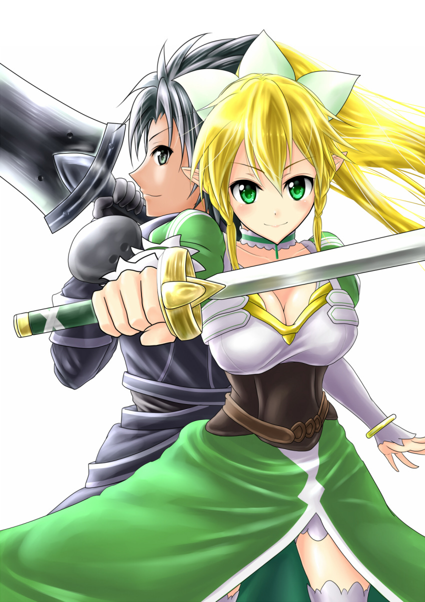 black_hair, blonde_hair, braid, breasts, cleavage, green_eyes, highres, kirito, kirito_(sao-alo), leafa, long_hair, pointy_ears, sword, sword_art_online, taiga~midnight, twin_braids, weapon