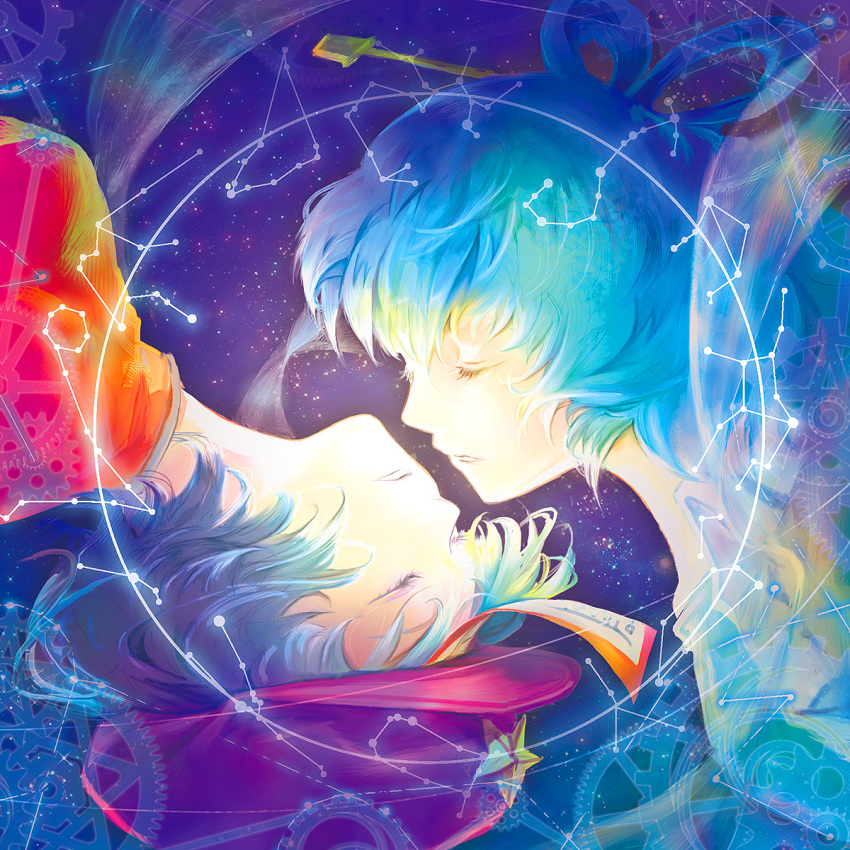 atsuko_k, blue_hair, closed_eyes, constellation, eyes_closed, gears, hair_rings, hair_stick, highres, kaku_seiga, miyako_yoshika, multiple_girls, ofuda, star, touhou, upside-down, zodiac