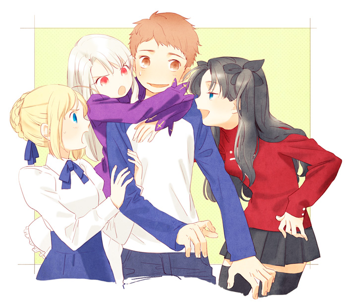 3girls, ahoge, black_hair, blonde_hair, blue_eyes, brown_hair, emiya_shirou, fate/stay_night