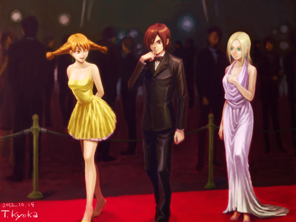 2girls, aika_(eternal_arcadia), bare_shoulders, blonde_hair, bowtie, braid, brown_eyes, brown_hair