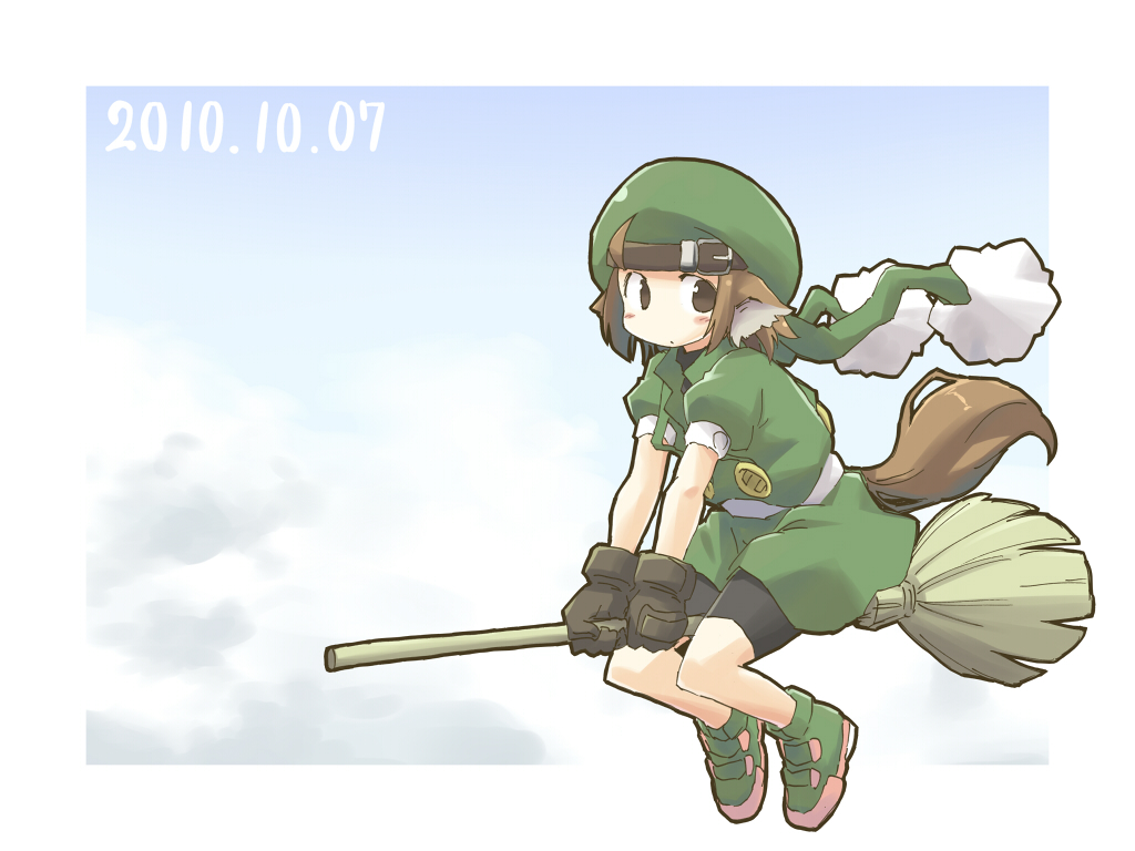 animal_ears, breasts, broom, broom_riding, dated, gloves, hat, no_nose, ray-kudryavka, solo, tail, yudepii