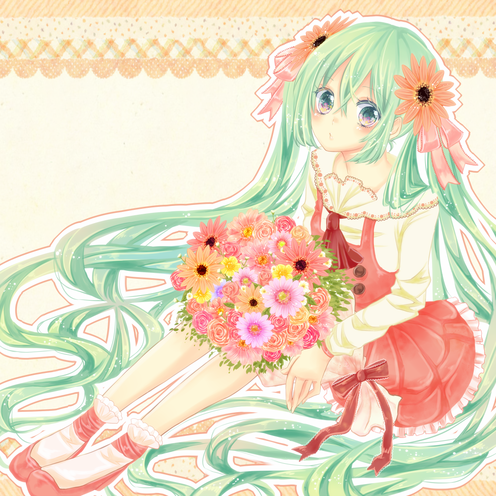 blue_eyes, bouquet, dress, flower, green_hair, hair_flower, hair_ornament, hair_ribbon