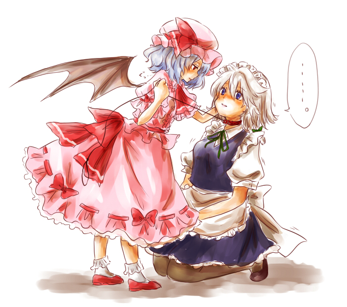 2girls, apron, ascot, bat_wings, blue_eyes, blue_hair, blush, braid, collar, femdom, femsub, hair_ribbon, hand_on_another's_cheek, hat, hat_ribbon, izayoi_sakuya, kneeling, leash, maid, maid_headdress, maru_usagi, multiple_girls, puffy_sleeves, red_eyes, remilia_scarlet, ribbon, seiza, shirt, short_hair, short_sleeves, silver_hair, skirt, skirt_set, touhou, twin_braids, waist_apron, wings, yuri