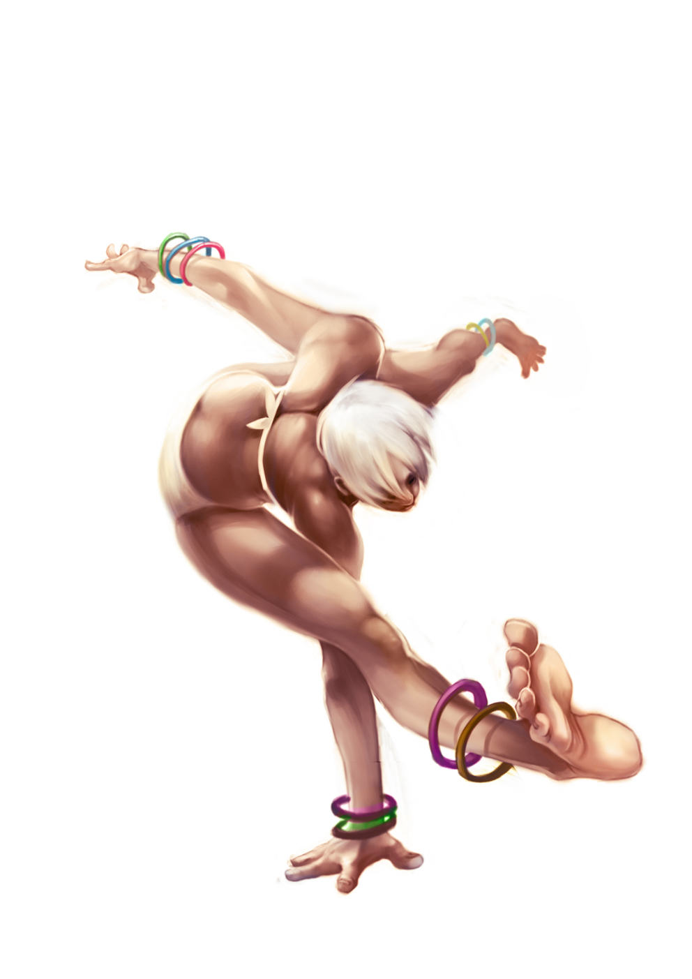 1girl, anklet, armlet, ass, back, barefoot, bikini, bracelet, butt_crack, dark_skin, elena, flexible, handstand, highres, jewelry, kobus_faber, perspective, short_hair, soles, solo, street_fighter, street_fighter_iii, swimsuit, toes, white_hair