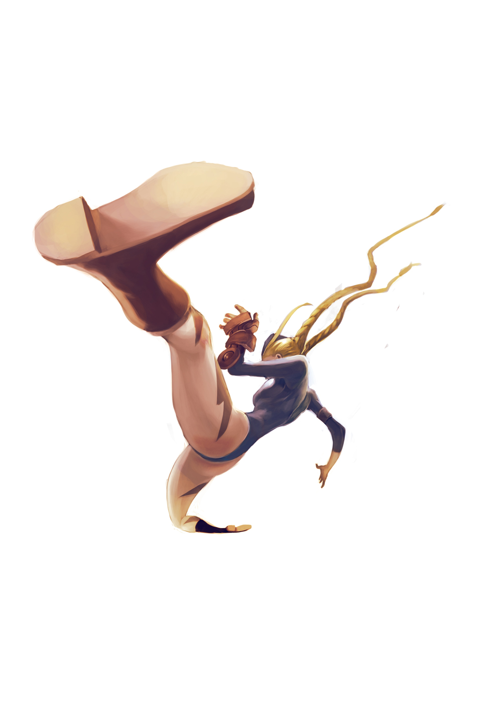 ahoge, blonde_hair, boots, braid, cammy_white, camouflage, fingerless_gloves, garrison_cap, gloves, hat, highres, kicking, kobus_faber, leotard, long_hair, perspective, solo, street_fighter, thong_leotard, twin_braids