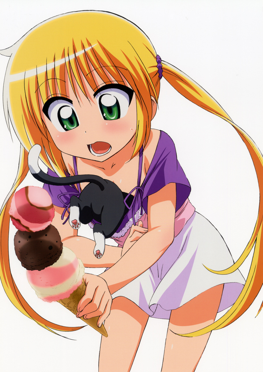 blonde_hair, blush, cat, dress, food, green_eyes, hayate_no_gotoku!, highres