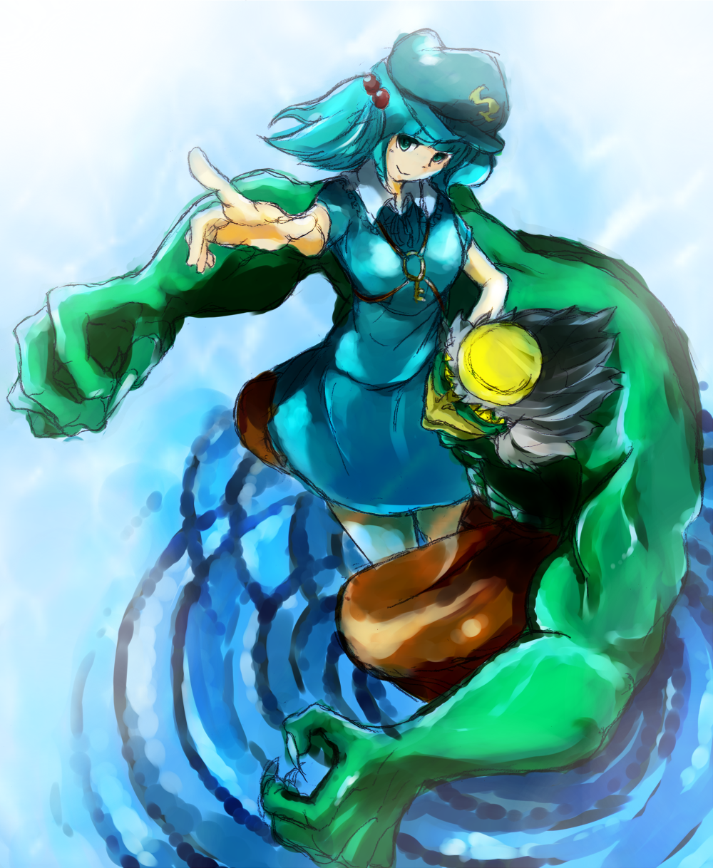 blue_hair, hair_bobbles, hair_ornament, highres, jojo_no_kimyou_na_bouken, kappa, kawashiro_nitori, key