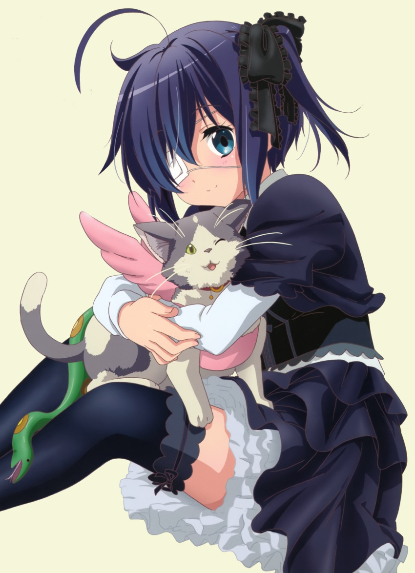 1girl, absurdres, ahoge, blue_eyes, blue_hair, blush, cat, chimera_(chuu2koi)