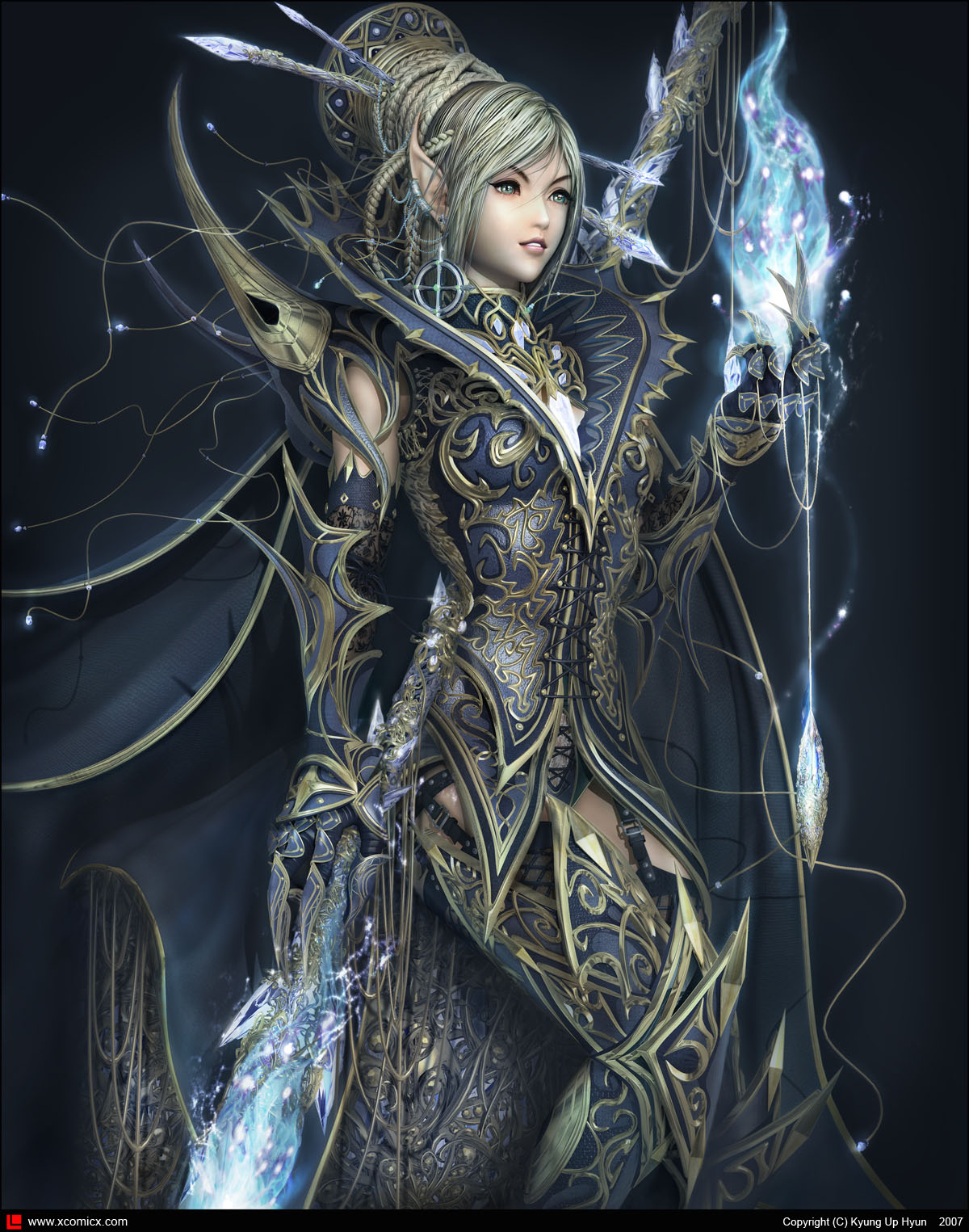 3d, armor, blonde_hair, blue_eyes, braid, cape, earrings, garter_belt