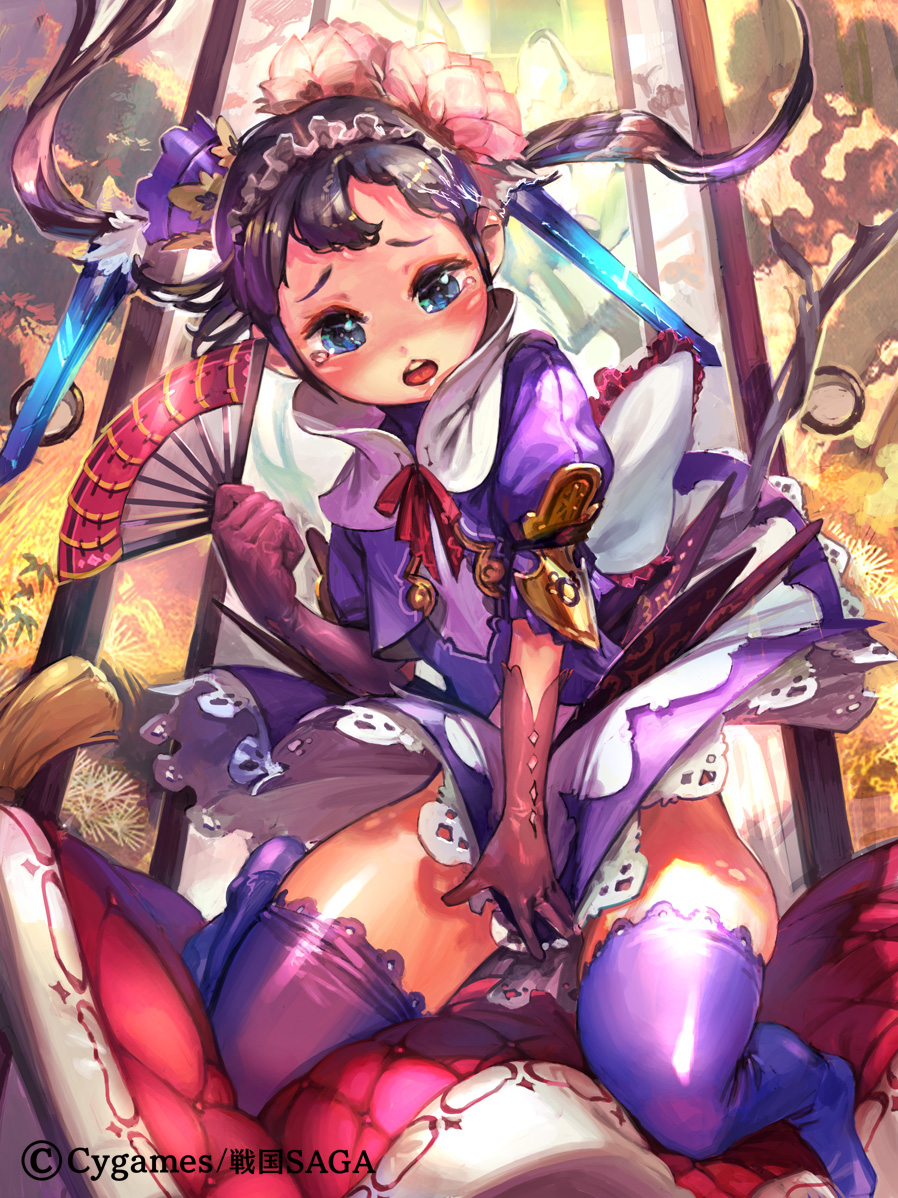 blue_eyes, blue_hair, blush, fan, flower, gloves, hair_ornament, jikan_hakushaku