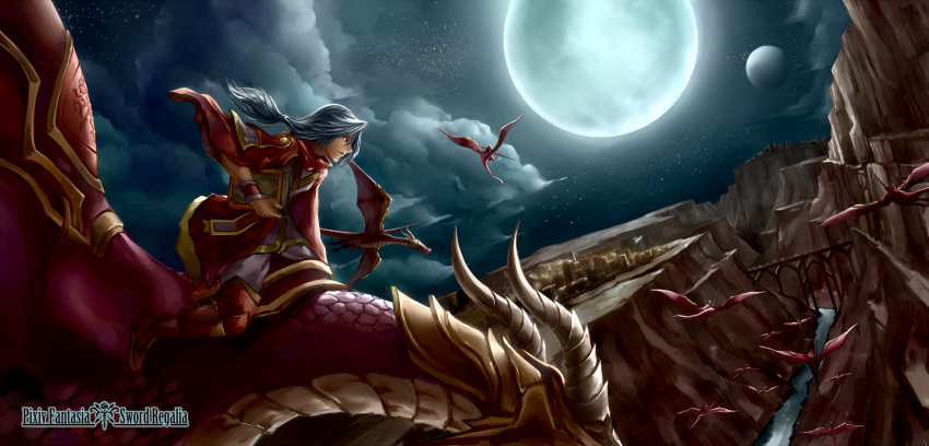 dragon, flying, guolu, highres, moon, mountain, pixiv_fantasia, pixiv_fantasia_sword_regalia
