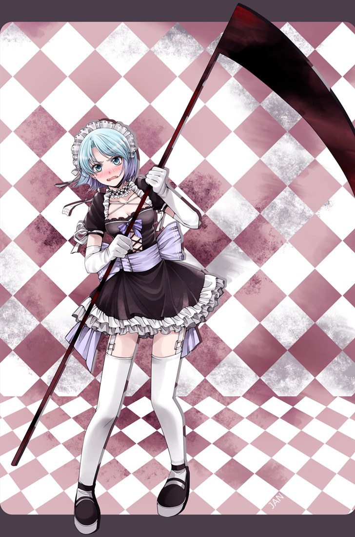 aqua_eyes, blue_hair, blush, code:breaker, elbow_gloves, fangs, garter_straps, gloves