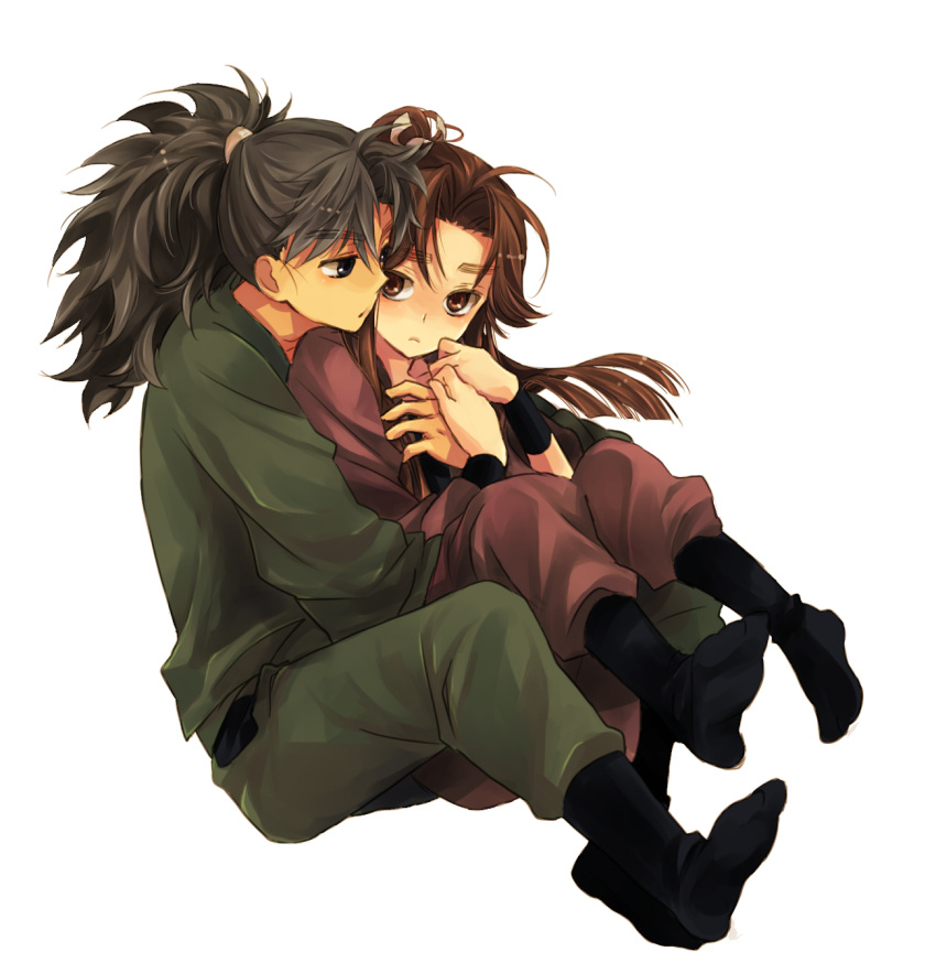 brown_hair, highres, hug, hug_from_behind, long_hair, multiple_boys, nanamatsu_koheita, rakudai_ninja_rantarou, sakura_neko, simple_background, taira_no_takiyashamaru, white_background, yaoi