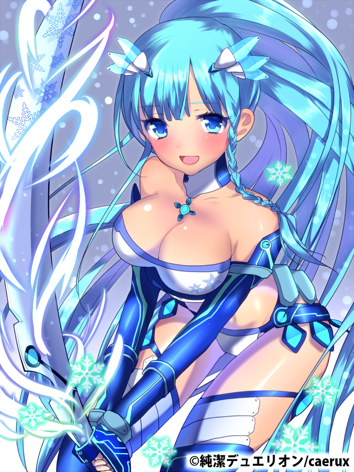 blue_eyes, blue_hair, blush, breasts, cleavage, junketsu_du_elion, junketsu_duelion, junketsu_duelion, large_breasts, long_hair, mataro, mitsunaga_shizuku, official_art, open_mouth, snowflakes, solo, sword, translated, very_long_hair, weapon