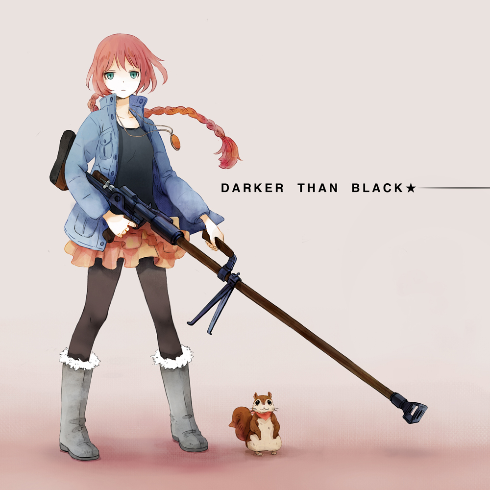 bad_id, braid, darker_than_black, green_eyes, gun, jewelry, long_hair, necklace