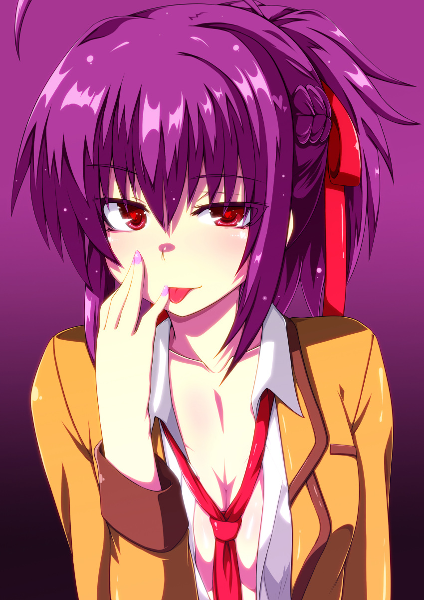 ahoge, breasts, bust, cleavage, gradient, gradient_background, heart, heart-shaped_pupils, highres, jikkyou_powerful_pro_yakyuu, kaname_nagi, long_hair, necktie, ponytail, purple_background, purple_hair, rokudou_hijiri, solo, symbol-shaped_pupils, tongue, tongue_out