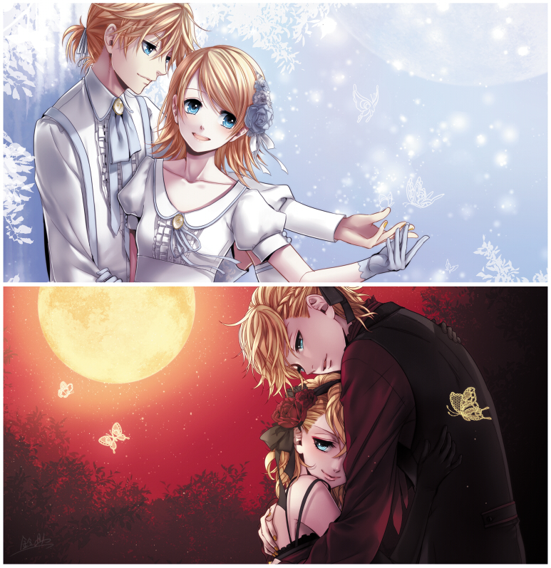 1girl, blue_eyes, blush, braid, brother_and_sister, butterfly, dress, dual_persona
