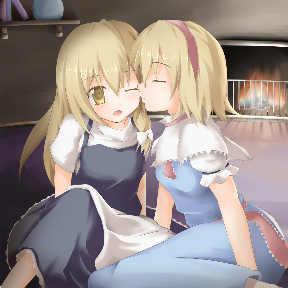alice_margatroid, blonde_hair, bow, capelet, closed_eyes, dress, eyes_closed, fireplace