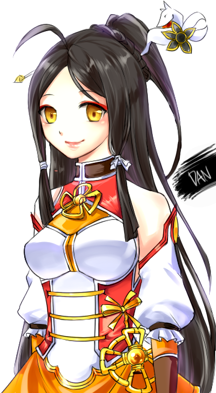 ara_han, black_hair, dan_(astsr1), dress, elsword, long_hair, orange_dress, payot