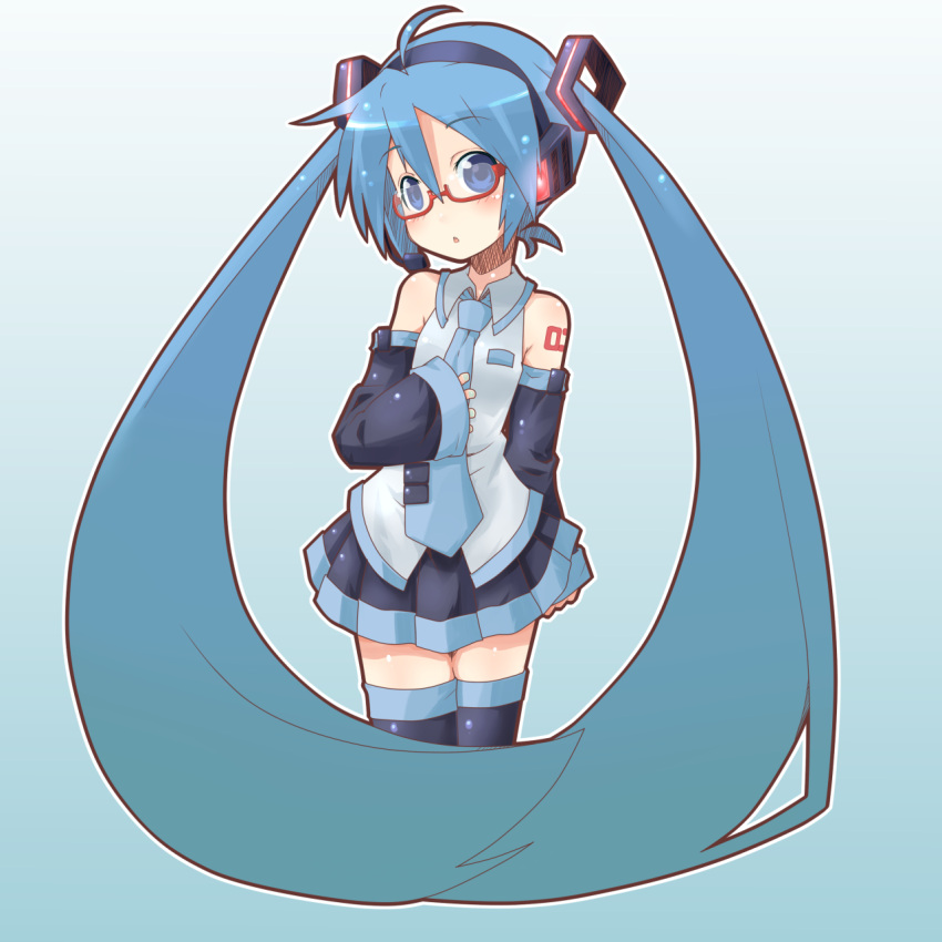 bespectacled, blue_eyes, blue_hair, detached_sleeves, glasses, hatsune_miku, headset, highres