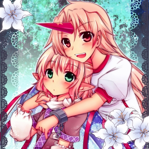amagumo, arm_warmers, blonde_hair, blush, chain, chains, cuffs, flower