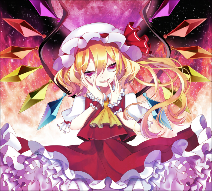 arisusama, ascot, blonde_hair, fang, fire, flandre_scarlet, frame, full_moon, hat, hat_ribbon, head_tilt, looking_at_viewer, moon, night, petticoat, puffy_sleeves, red_eyes, red_moon, ribbon, shirt, short_sleeves, side_ponytail, skirt, skirt_set, sky, solo, star_(sky), starry_sky, touhou, wings, wrist_cuffs, yandere_trance