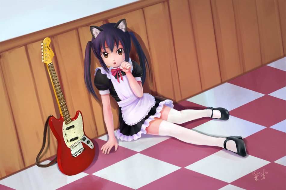 animal_ears, apron, bad_id, black_hair, bow, cat_ears, checkered, electric_guitar