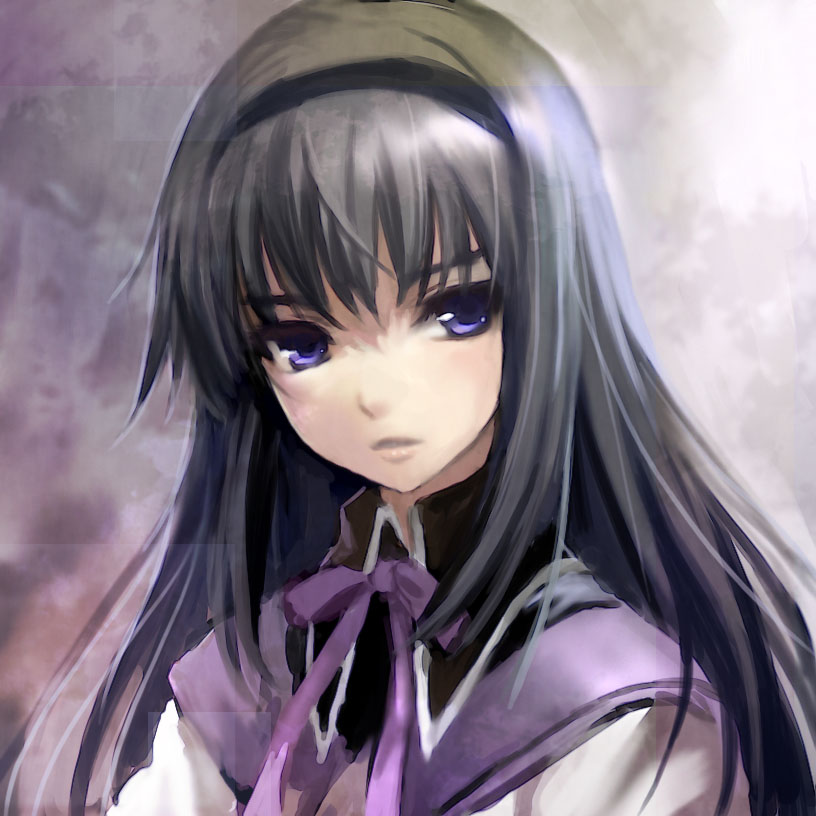 akemi_homura, black_hair, bust, face, hairband, long_hair, looking_at_viewer, magical_girl
